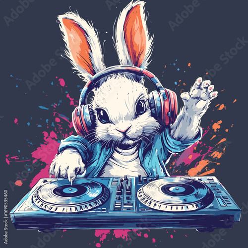 Vector Illustration of a DJ Bunny with Headphones and Turntables in Modern Cartoon Style with Vibrant Color Palette