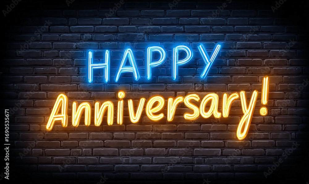 Obraz premium Vibrant Neon Happy Anniversary Sign Illuminates a Textured Brick Wall with Warm Glow.