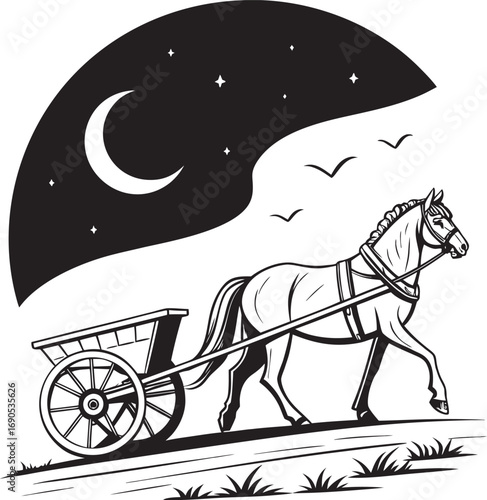 horse-drawn carriage, silhouette, night sky, crescent moon, stars, landscape, line art, illustration
