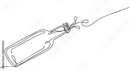 Stylish minimal one line drawing of a vintage glass bottle with abstract fluid art
