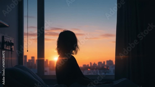 Contemplative Morning: A Silhouette Against the Sunrise, Reflecting Serenity and Hope Amidst Urban Beauty from a Bedroom View