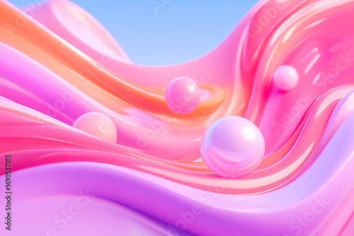A futuristic abstract design with a dynamic interplay of colorful geometric waves and spheres