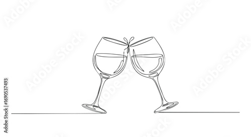 Minimalist line art of clinking wine glasses celebrates elegance and joy, perfect for upscale event invitations