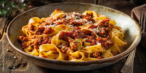 Authentic Tagliatelle al Ragu Bolognese, fresh homemade tagliatelle pasta with rich slow-cooked meat sauce, sprinkled with Parmigiano Reggiano, served in rustic ceramic bowl