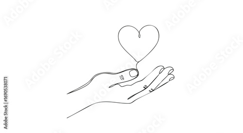 Elegant single line heart held gently in a hand symbolizes love, care, and kindness for minimalistic designs