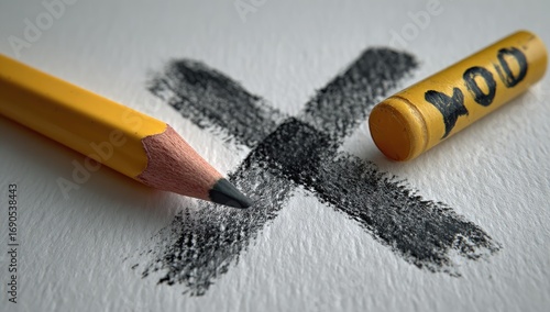 A large, dark X marked on paper.  Yellow pencil and crayon