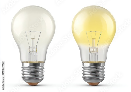 Two lightbulbs one unlit, clear glass, the other glowing yellow with a visible filament, both upright on a white background, showing concept or comparison