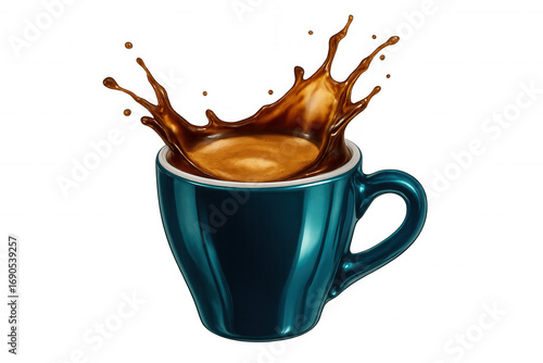 Coffee liquid splashing from gleaming blue metallic mug, transparent background highlighting dynamic beverage movement for hospitality marketing
