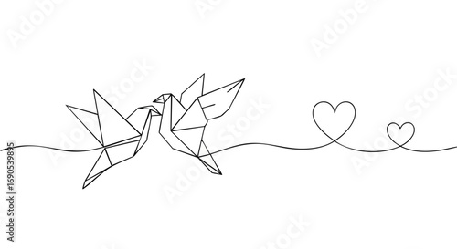 Elegant origami lovebirds and heart string design, perfect for wedding invitations and Valentine's cards