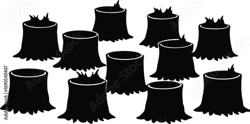 set of Tree stump wood base silhouette vector