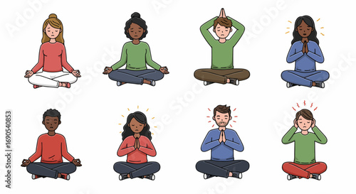 People meditating in various poses for mindfulness