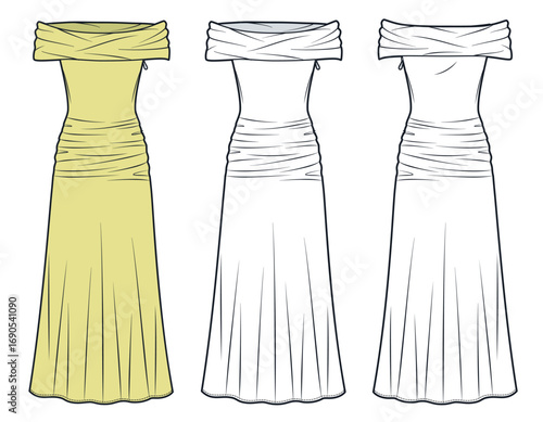 Women off-shoulder Evening Gown fashion flat sketch. Draped maxi Dress fashion flat technical drawing template, front and back view, white, yellow, women CAD mockup.