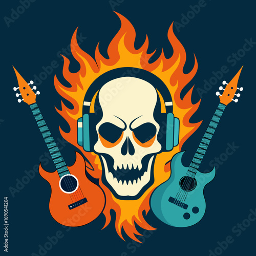 A flaming electric guitar ablaze with heavy metal intensity, its strings radiating a fiery sound for a rock and roll concert