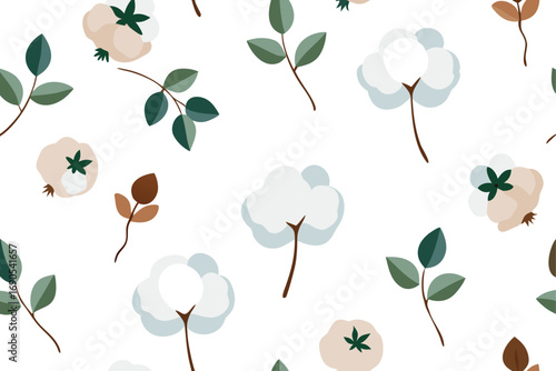 watercolor seamless pattern of flowers of cotton and berries, leaves white background