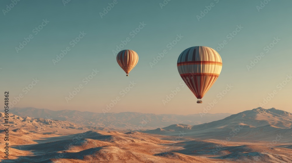 Fototapeta premium Hot air balloons over a desert landscape at sunset