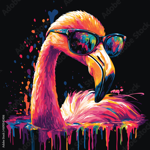 Modern Vector Illustration of a Flamingo Wearing Sunglasses with Bright Color Splash Style