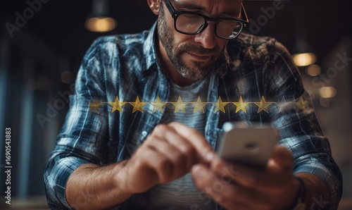 Man with glasses interacting with smartphone with overlaid star rating. Close up, shallow depth of field, plaid shirt, bokeh effect