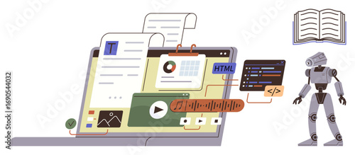 Laptop with open applications for content writing, coding, and media editing. Robot and open book nearby. Ideal for AI, content creation, machine learning, education, programming technology