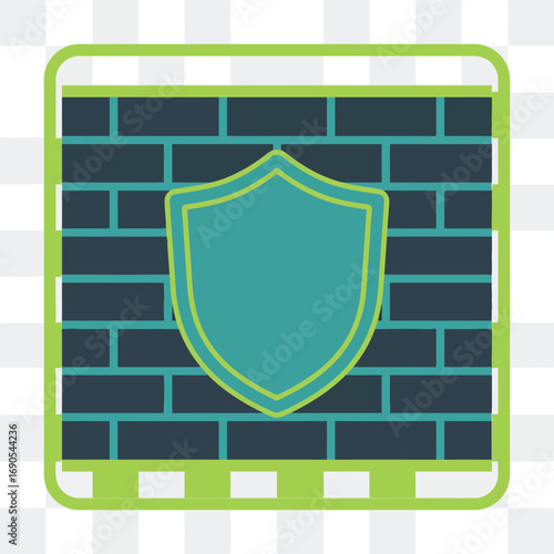A stylized illustration of a shield emblem overlaid on a brick wall, suggesting protection.