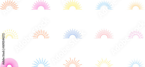 Line firecrackers. Colorful radial firework linear sun icons, circular fireworks starburst explosion with sparkles. Decoration, celebration design. Vintage sunburst set. Bursting rays. Simple vector