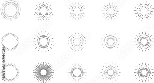 Wallpaper Mural Line firecrackers. Colorful radial firework linear sun icons, circular fireworks starburst explosion with sparkles. Decoration, celebration design. Vintage sunburst set. Bursting rays. Simple vector Torontodigital.ca