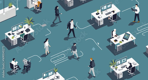 Strategic Team Collaboration: Dynamic Aerial Illustration of a Modern Open-Plan Office Driving Innovation