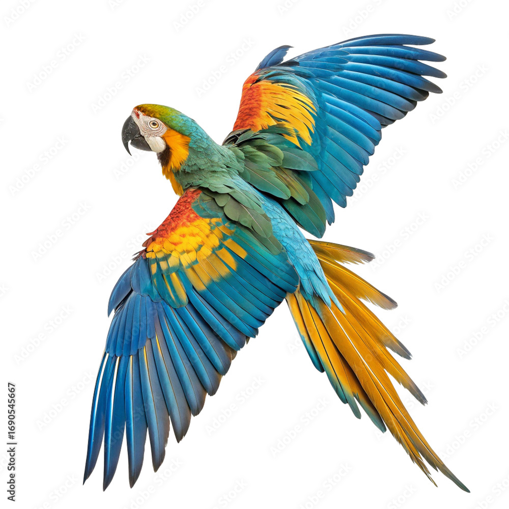 Fototapeta premium Vibrant macaw parrot in flight showcases stunning blue, yellow, and green plumage, capturing natural beauty. 