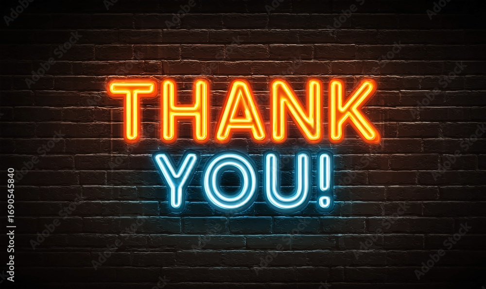 Obraz premium Vibrant Thank You Neon Sign Against Dark Brick Wall.