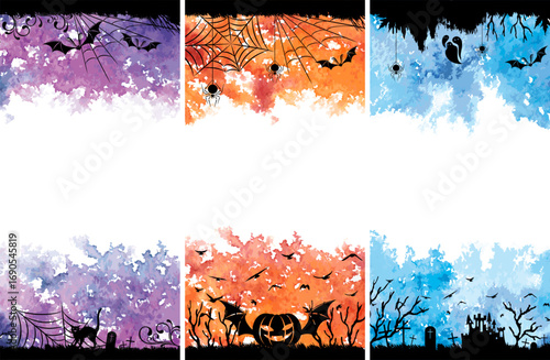 Halloween posters. A cat, flying birds, spider web and grave silhouettes. Vector isolated decoration elements for halloween design.