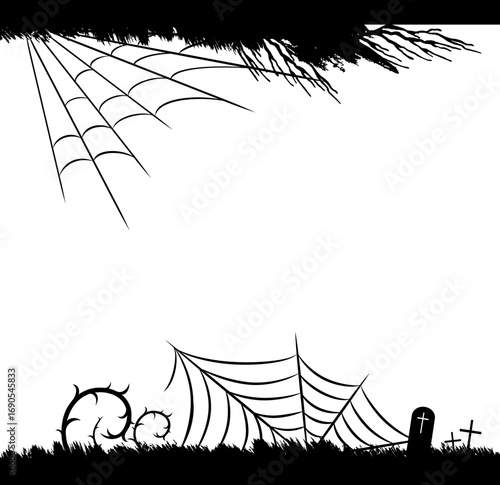 Halloween black borders. A castle, flying birds, spider web and grave silhouettes. Vector isolated decoration elements for halloween design.