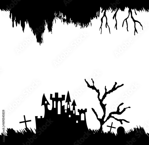 Halloween black borders. A castle, flying birds, spider web and grave silhouettes. Vector isolated decoration elements for halloween design.