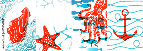 Sea posters collection. Vector vertical flyers with marine decoration elements. Underwater  simplicity backgrounds