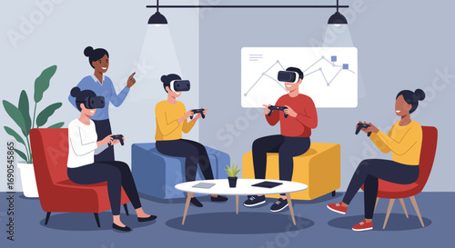 Fostering Dynamic Teamwork: Diverse Professionals Building Cohesion in a Modern, Playful Workplace