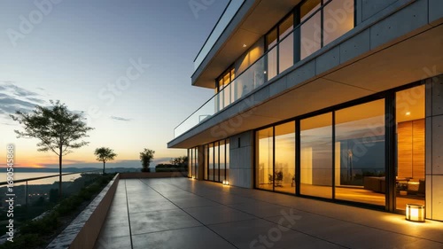 Modern luxury villa exterior in minimalist architectural style, warm evening colors, elegant residential design