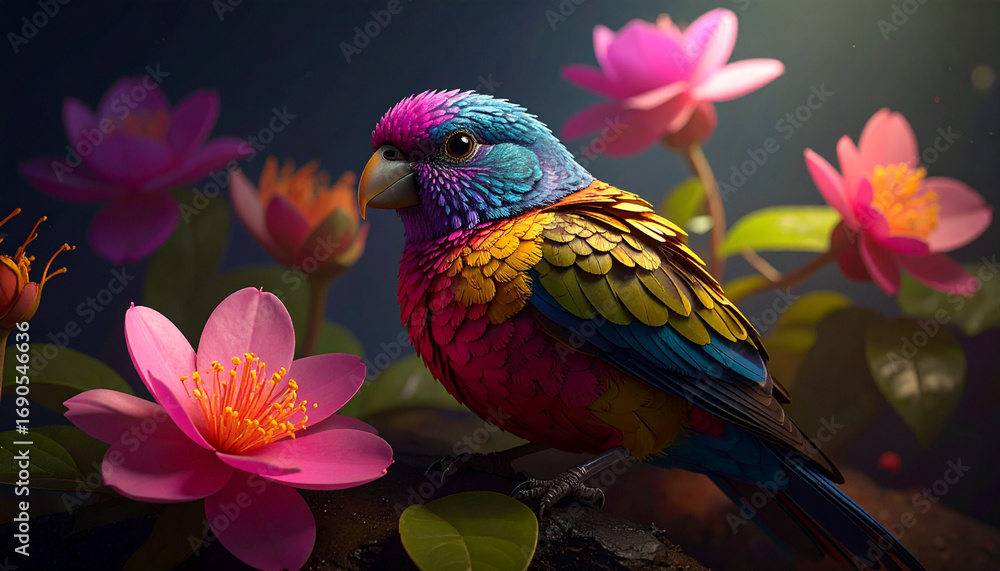 Fototapeta premium Colorful parrot perched gracefully amidst vibrant pink water lilies in a serene garden setting