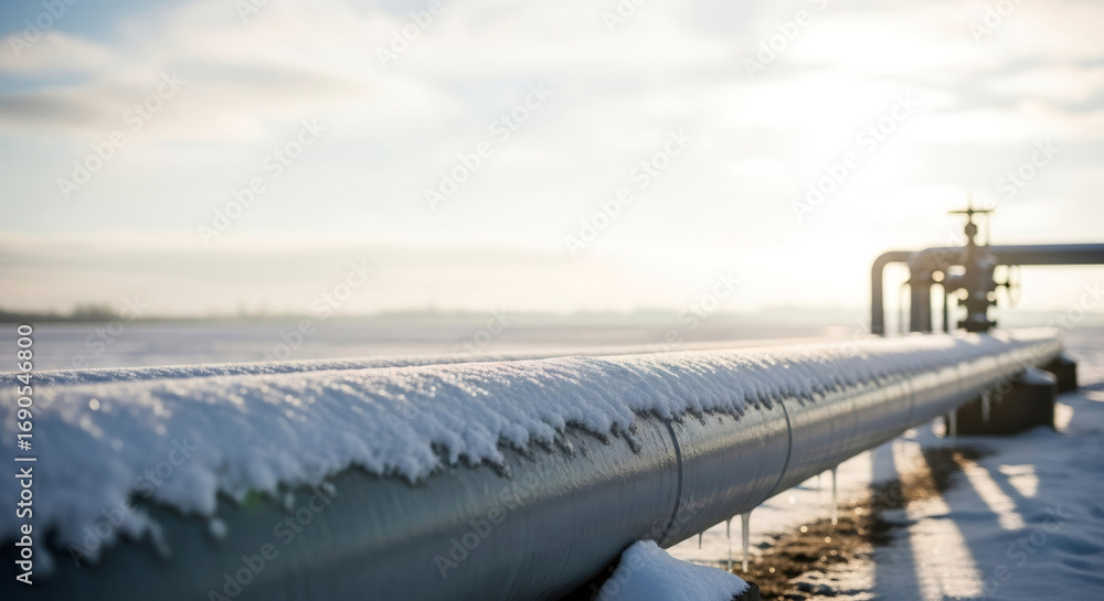 Obraz premium Gas pipeline covered with snow and ice. Ground level view of a natural gas pipe running through a winter field. Energy industry concept.