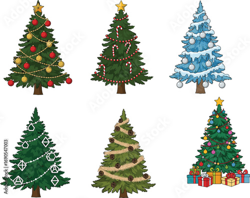 Collection of decorated Christmas trees, festive holiday illustration, cartoon pine tree designs, winter celebration art, Christmas gifts under tree.