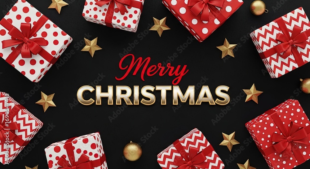 Obraz premium Elegant Red and Gold Christmas Gift Boxes, Stars, and 