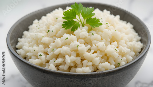 A bowl of fluffy white rice garnished with fresh parsley leaves, set against a plain white background.
