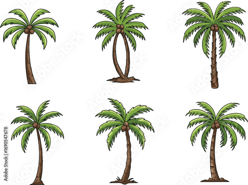 Collection of tropical coconut palm trees with coconuts, perfect for beach, summer, island, jungle, and exotic nature illustrations