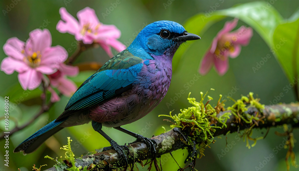 Obraz premium Colorful tanager perched observing surroundings on mossy branch with pink flowers