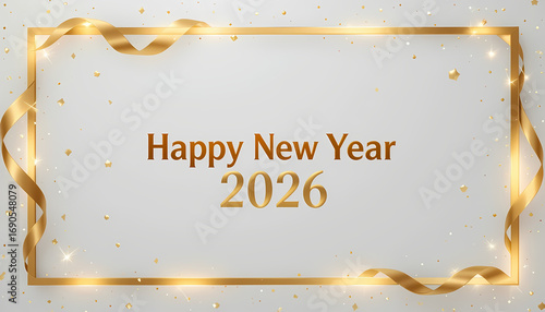 Happy New Year 2026 Confetti Ribbon Greeting Card Golden Frame with Light Background and Bold Typography Festive Holiday Poster for Seasonal Messages and Invitations