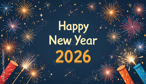 Happy New Year 2026 Firework Rocket Greeting Card Bold Typography with Exploding Fireworks and Dark Blue Background Festive Holiday Poster for Seasonal Events and Invitations
