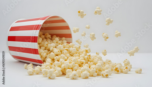 A striped red and white popcorn container spills fluffy, buttery popcorn, 