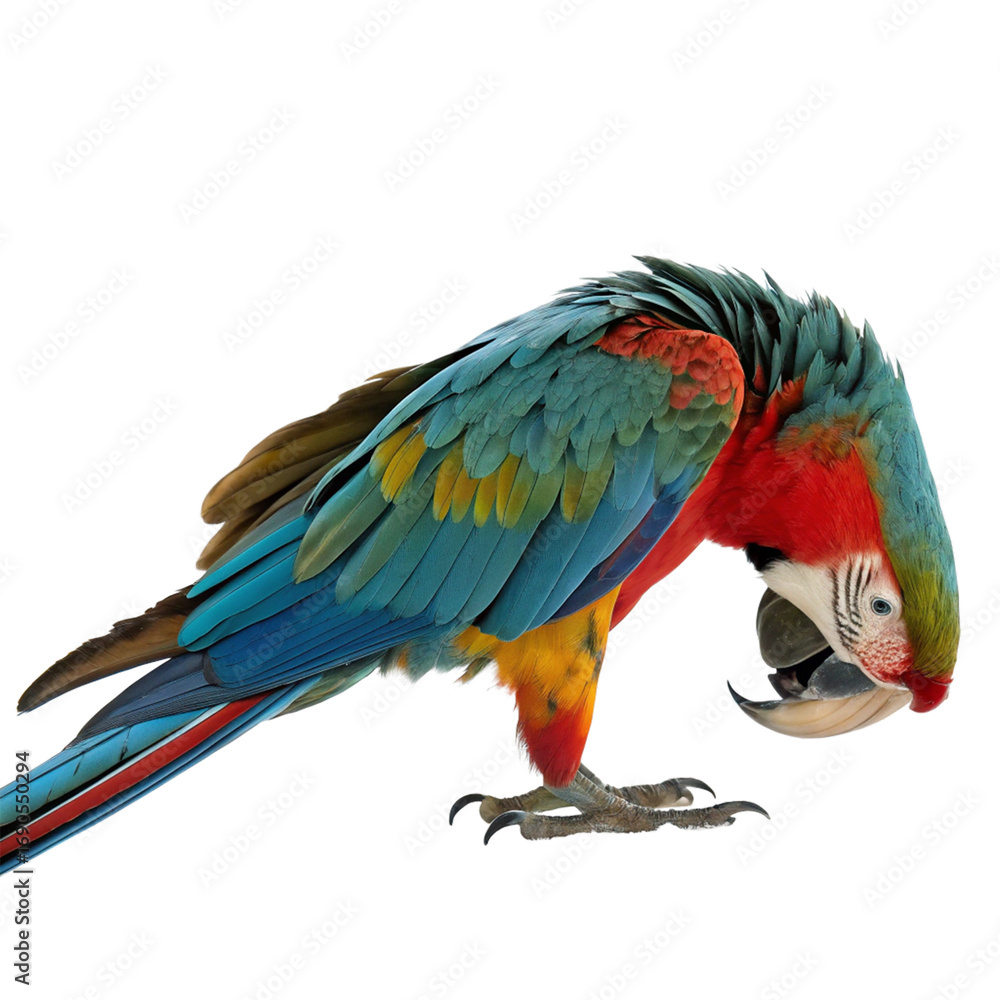 Fototapeta premium Vibrant scarlet macaw with striking blue and yellow plumage preening its beak with intensity 