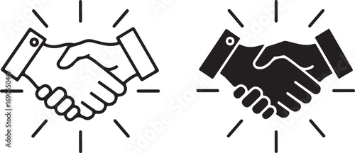 Two handshake icons, one outlined and one solid black
