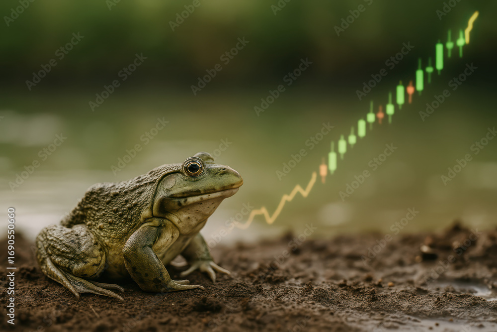 Fototapeta premium Business frog analyzing market trends by the water nature scene close-up perspective financial insights