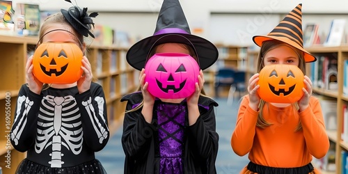 Delighted young friends in creative costumes celebrating the fun spirit of Halloween, eagerly awaiting candies with their vibrant pumpkin pails