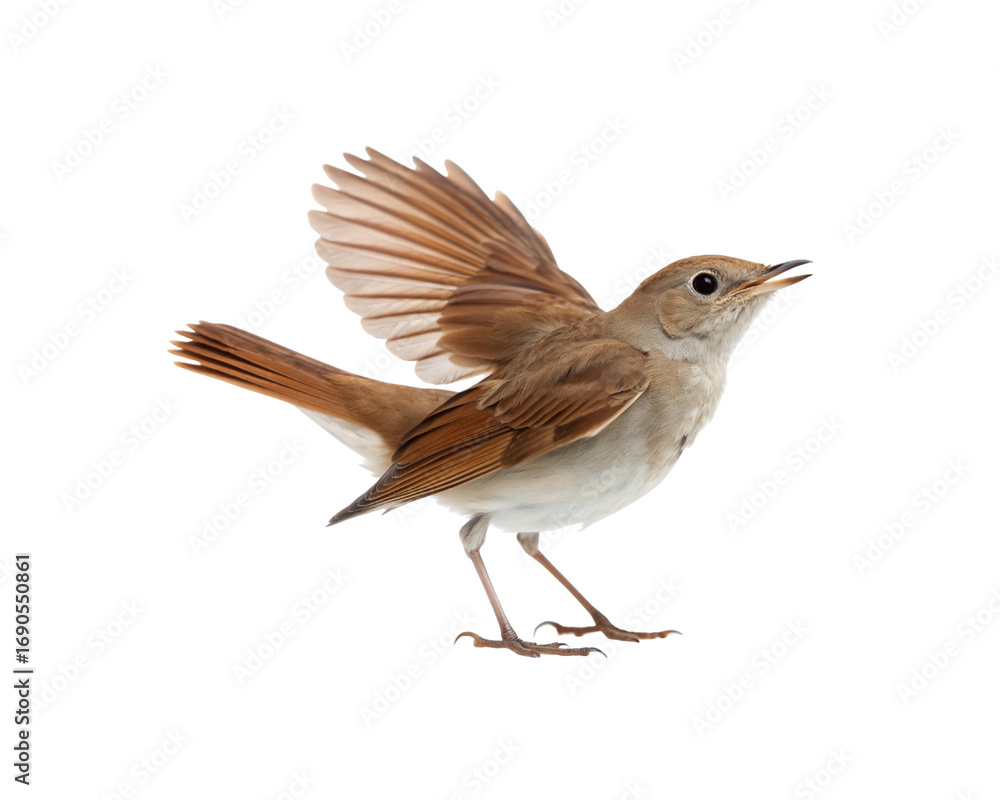 Fototapeta premium Singing common nightingale bird with its wings spread open, on a png transparent background