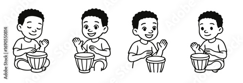 Boy playing on african drums, set of four drawings